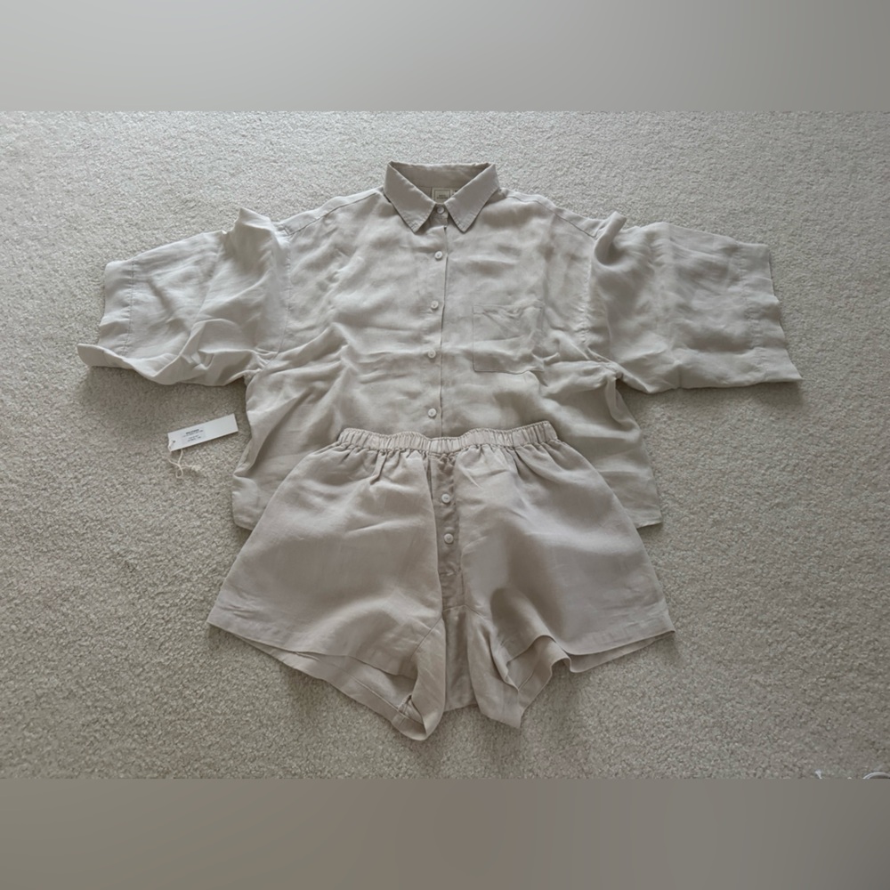 Neutral Cream Button-Front Pajama Set - Women